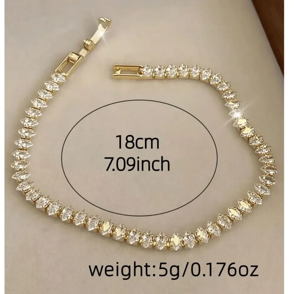 Marquise Cut Zirconia Crystal Gold Tennis Bracelet Clear Gemstone 2.5mm Elegant